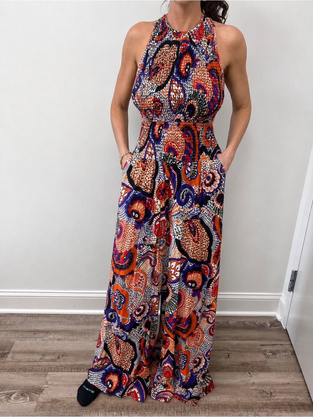 ME+EM Orange, Purple & Navy Paisley Smocked Jumpsuit